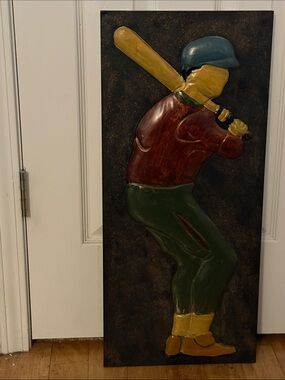 Vintage 3D Baseball Batter Wall Plaque - Multicolor